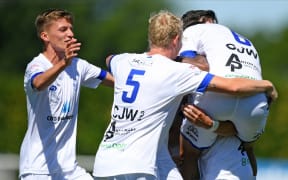 Hamilton Wanderers players celebrate a goal in the Handa Premiership football match against Hawke's Bay United at Bluewater Stadium, Napier, Sunday, November 15, 2020.