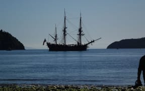 Replica of Cook's Endeavour at Ship Cove in the outer Marlborough Sounds
