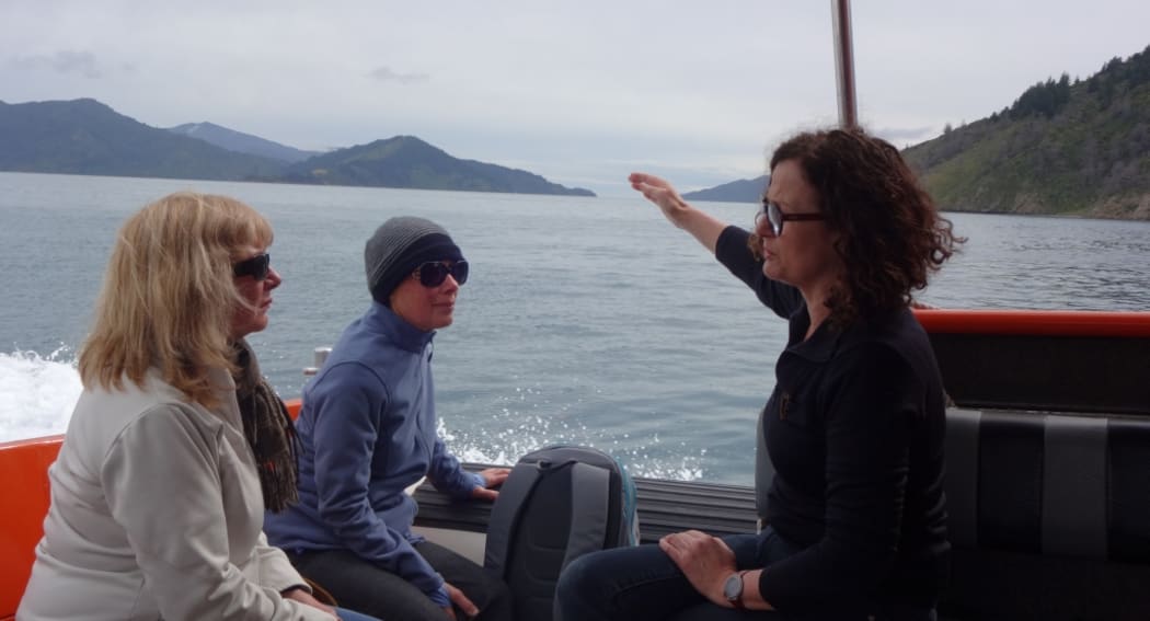Barbara Speedy, the director of The Diversion gallery in Picton, and artists Elizabeth Thomson (left) and Robin White travel to the historic Perano whaling station.