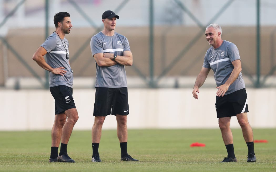 All Whites coaches Rory Fallon (left), Danny Hay (centre) and Darren Bazeley (right) at a training session at East Riffa club in Bahrain_7.10.2021