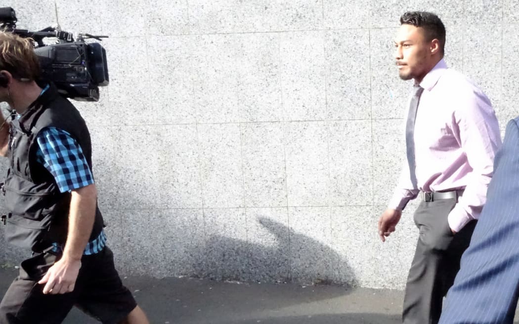 Guilty: Auckland Blues winger George Moala leaves the Auckland District Court.