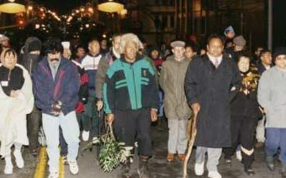 Pakaitore Whanau walking from Moutoa Gardens at the end of the 79 day occupation.