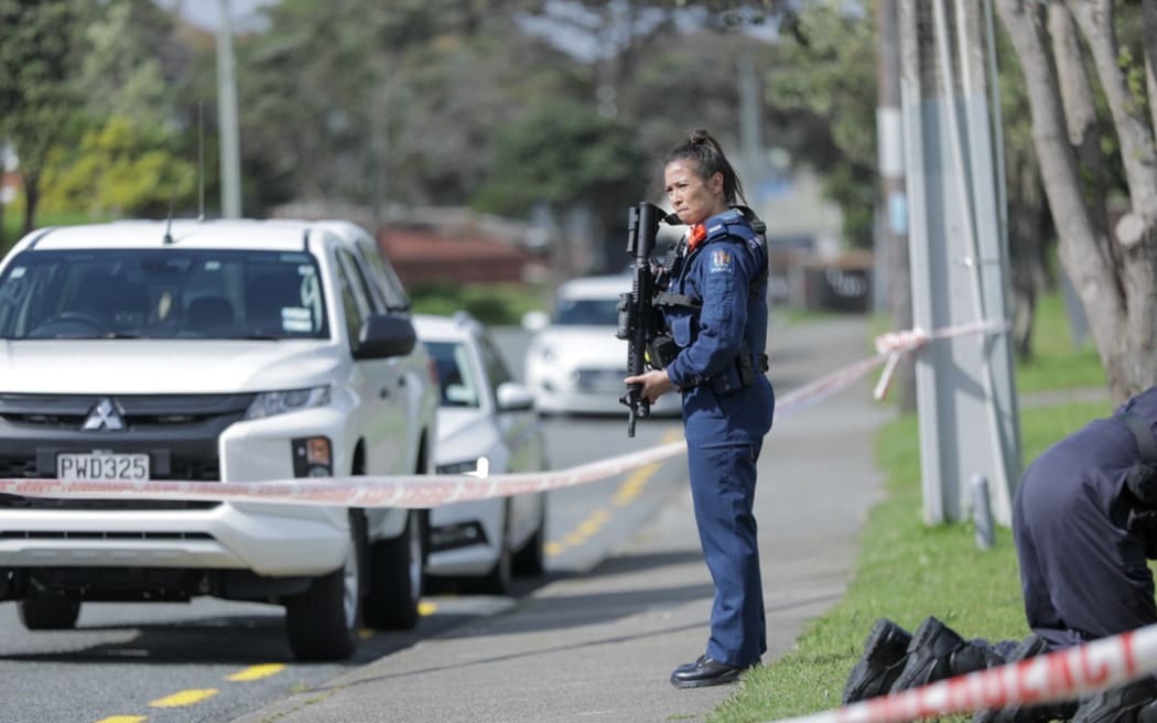 Police at the scene of a shooting in Titahi Bay, Porirua.