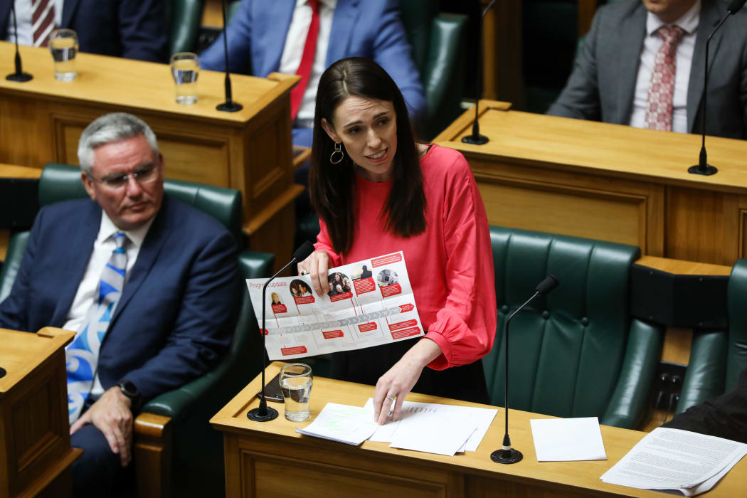 Prime Minister Jacinda Ardern lists her Government's achievements over 2019 with the help of a poster