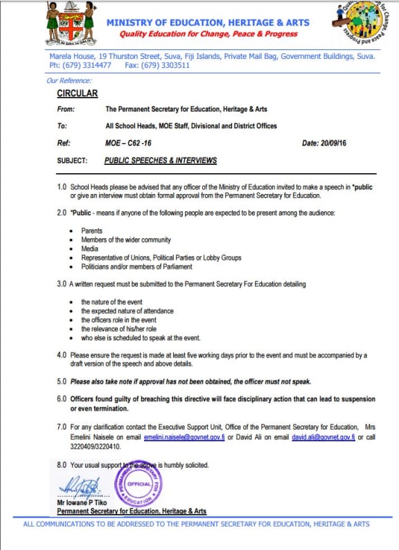 Fiji Education Ministry Circular to heads of schools September 2016