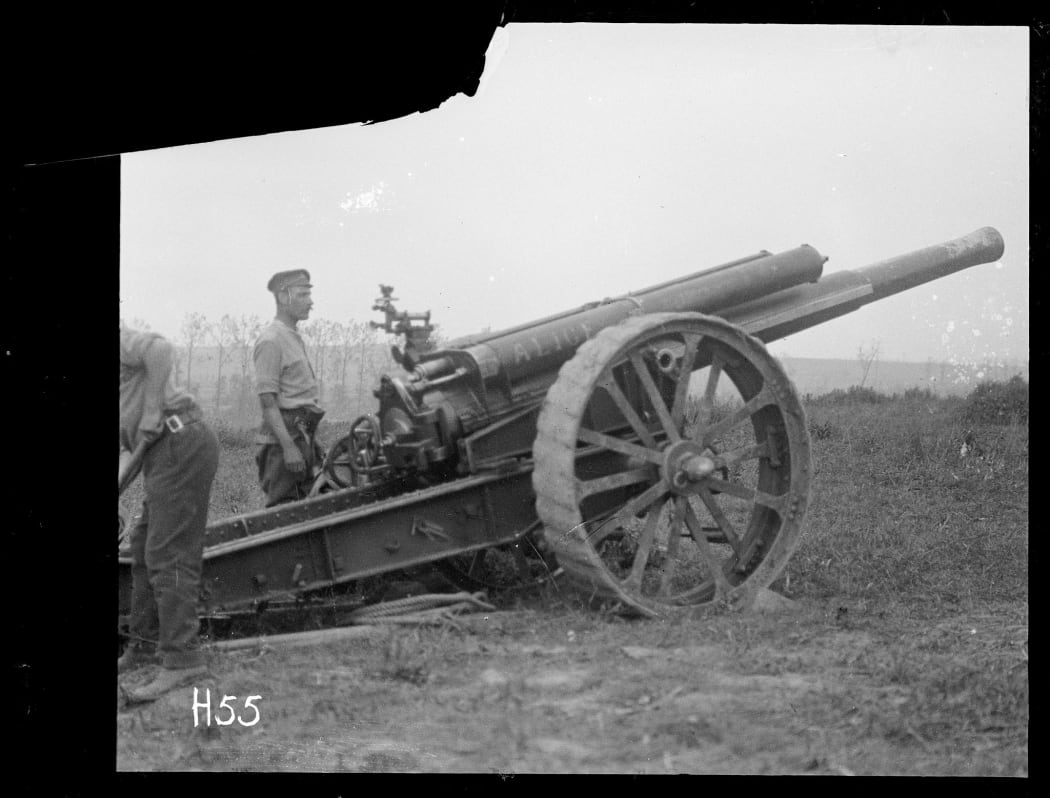 A New Zealand artillery gun 'Alice' employed in the Battle of Messines, World War I. Photograph taken 8 June 1917 by Henry Armytage Sanders.
