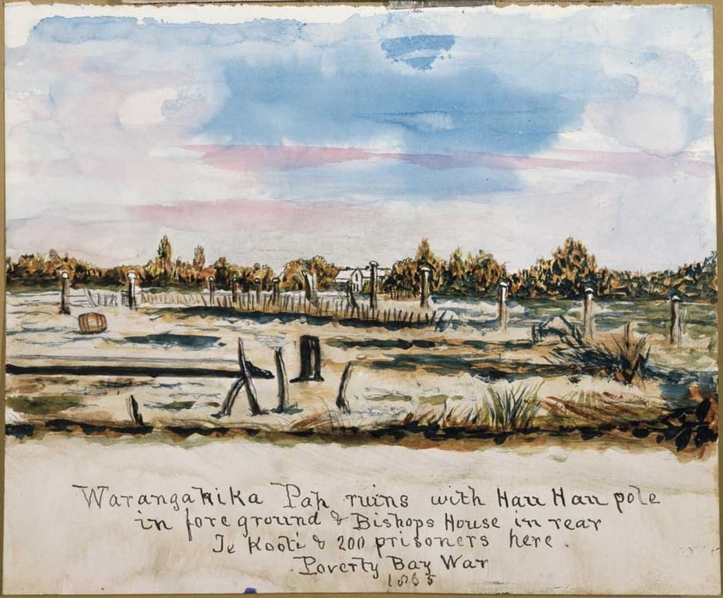 An 1865 painting of the remains of Waerenga-a-Hika pā, with the house of Bishop Williams behind.
