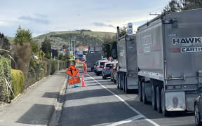 Traffic builds up along State Highway 2 in Waipawa due to road works, in September, 2023.