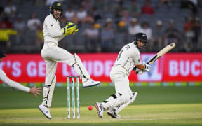 Black Caps batsman Ross Taylor plays a shot in the day-night Test against Australia  in Perth. December 2019.