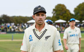 A dejected Tim Southee of the Black Caps after losing  the Second Cricket Test Match against Australia, 2024.