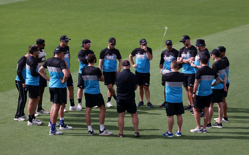 The Blackcaps huddle during a Blackcaps training session at the Basin Reserve 2021.