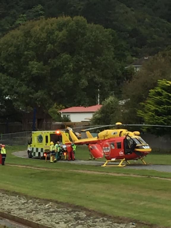 The injured road worker was taken to hospital in a helicopter.