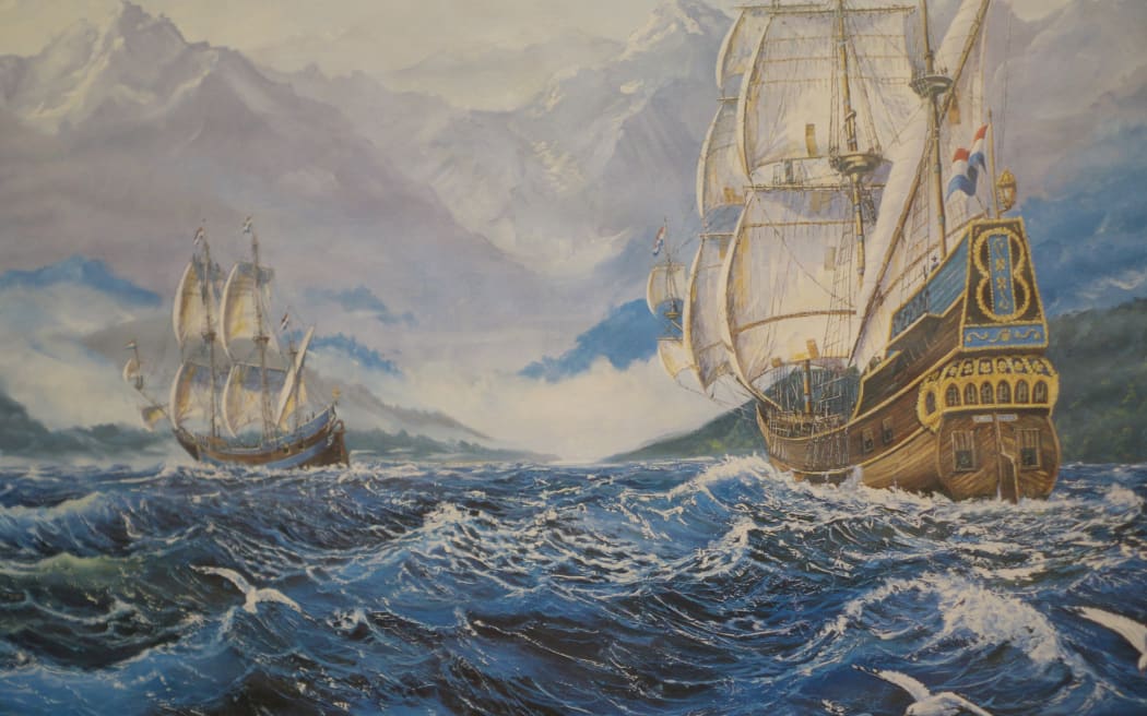 Reproduction of artist Maurice Forester’s oil painting Tasman’s Landfall, against an imagined backdrop of the West Coast of the South Island.