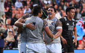 Moana Pasifika celebrate the try of Alamanda Motuga, MÄori All Blacks v Moana Pasifika, rugby union, FMG Stadium, Hamilton, New Zealand.  Saturday, 5 December 2020. Â© Copyright photo: Andrew Cornaga / www.photosport.nz
