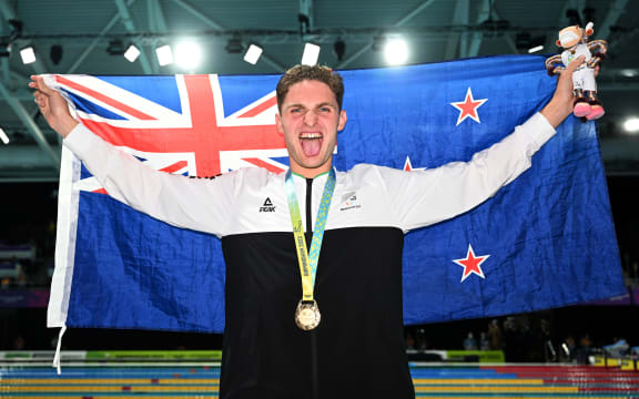 New Zealand swimmer Lewis Clareburt reacts after winning gold in the Men's 200m Butterfly during Day 3 of the Commonwealth Games at the Sandwell Aquatics Centre in Birmingham.