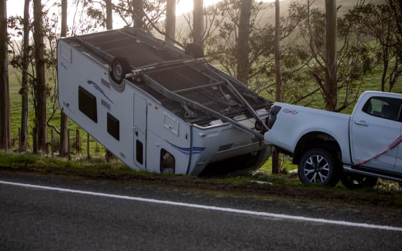 A campervan overturned Campervan in Eketahuna.