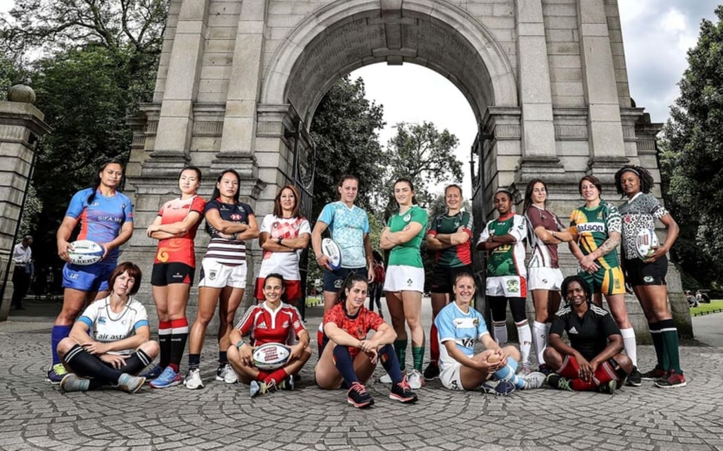 The 16 captains for the Dublin Sevens, including Samoa's Brenda Collins (L) and Cook Islands' Vaine Greig (second R)