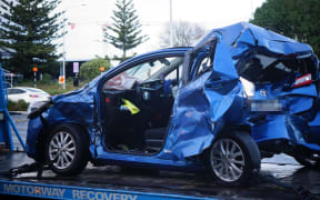 Emergency services at the site of a serious crash near Auckland Airport on 30 July, 2025.