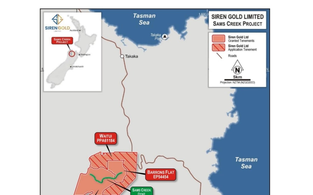 Siren’s principal project, Sams Creek, is located at the top of the South Island in Golden Bay. The project is owned by Sams Creek Gold Limited, a wholly owned subsidiary of Siren Gold. It is a joint venture between Sams Creek Gold and OceanaGold.