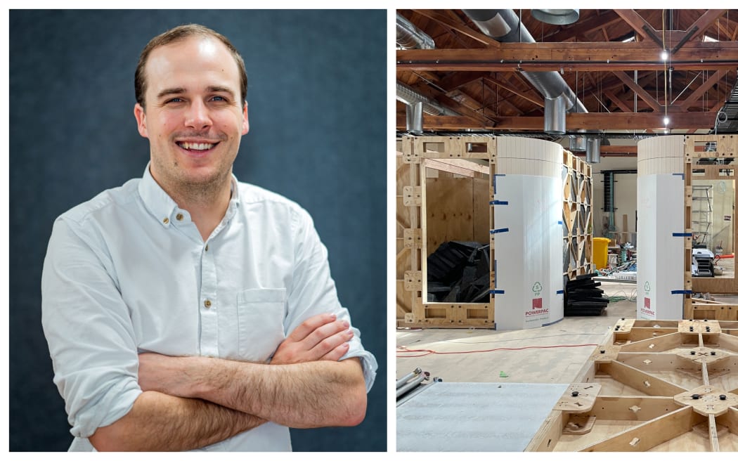 Portrait of Ged Finch and picture of wooden and Xframed wall partitions being built