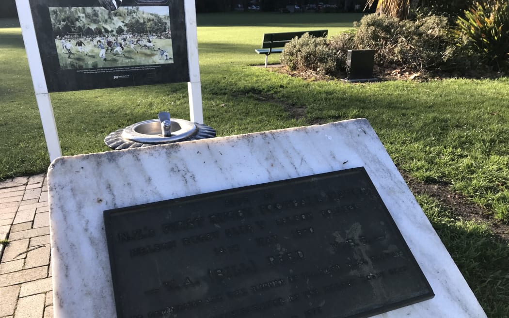 The historic first rugby game in New Zealand is commemorated by a plaque.