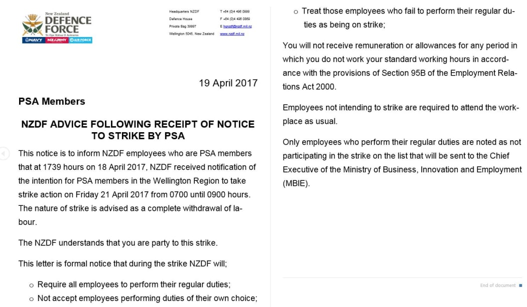 The New Zealand Defence Force's letter to staff regarding Friday's strike action.