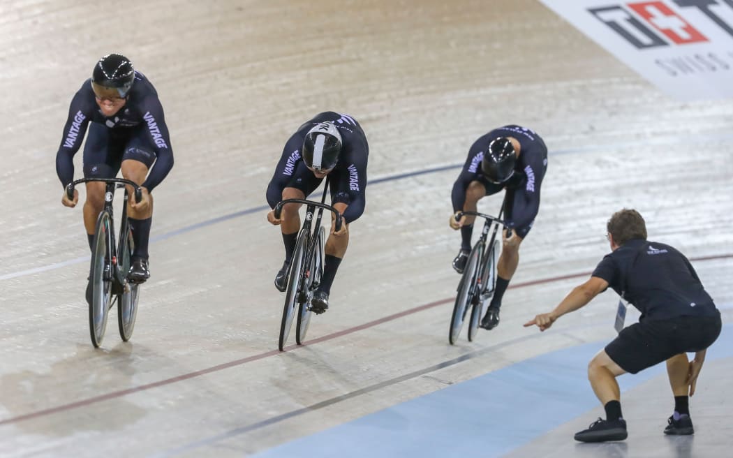 New Zealand's mens team sprint win gold, Eddie Dawkins, Sam Webster and Ethan Mitchell, UCI track Cycling World Cup, Cambridge, 2019.