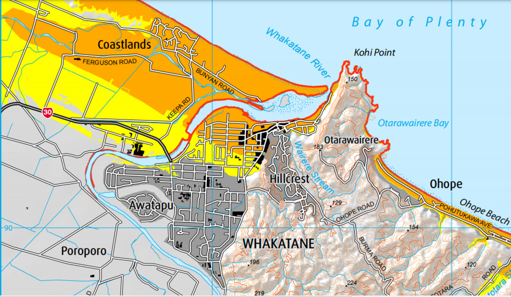 The coloured areas on this map taken from the Bay of Plenty Civil Defence website indicate which areas of Whakatāne are at risk from a tsunami up to 8.25 metres high.