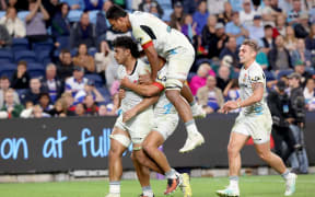 The Chiefs celebrates a try to Wallace Sititi against the Waratahs.