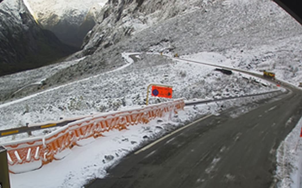 Snow on SH94 near Milford Sound was cleared from the road, as seen in this image from the NZTA camera at Homer Tunnel.