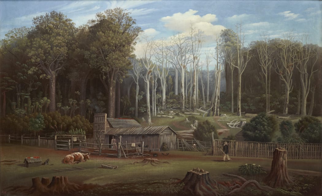 A Bush Settler’s Home in New Zealand, 1884, Auckland, by Samuel Stuart.