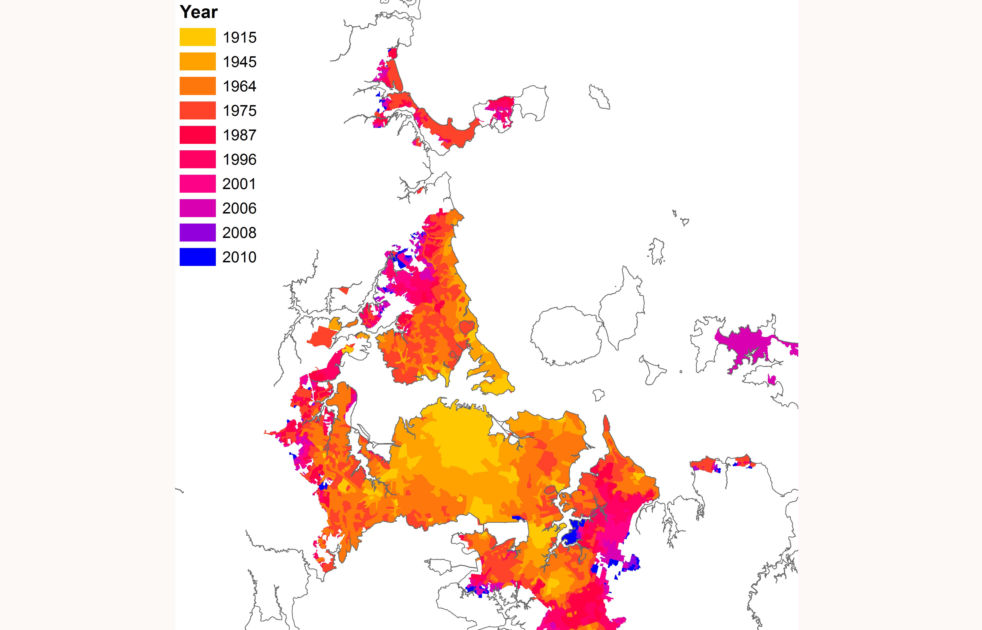 Increasing urban extension from 1915 to 2010, with recent development clear in the north and south of the region.