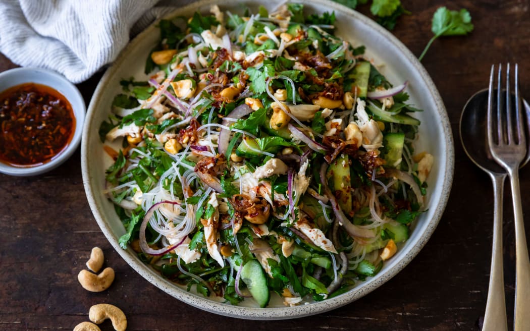A platter of Chicken, coriander and cashew salad with chilli crisp dressing.