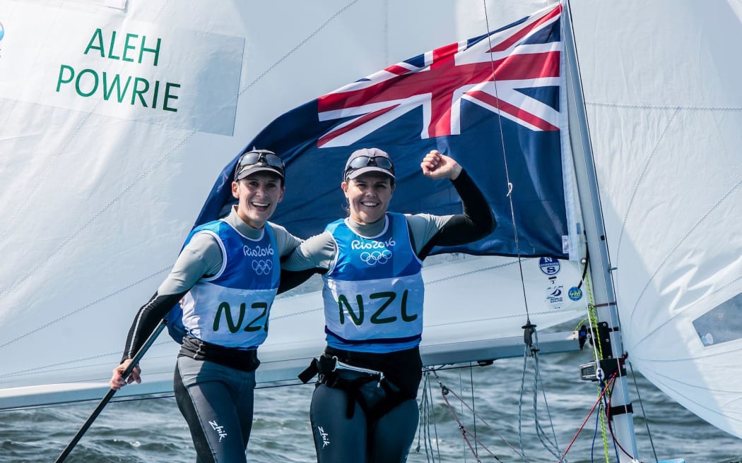 Jo Aleh and Polly Powrie celebrate winning Silver in the 470W class at the Rio Olympics.