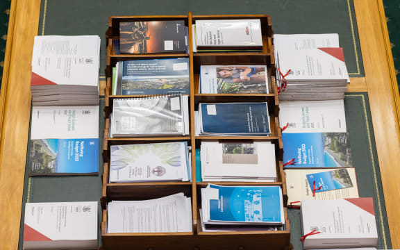 Copies of the Government's budget summaries and speech on the Table in Parliament's Debating Chamber.