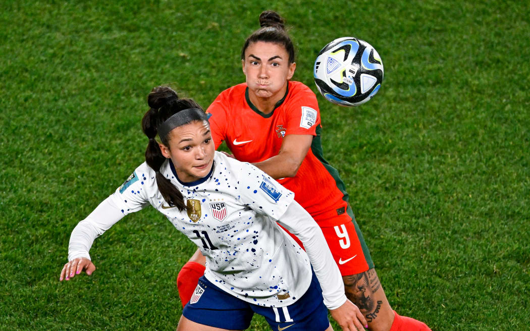 United States' Sophia Smith and Portugal's Ana Borges. USA v Portugal, Group Stage - Group E 2023 FIFA Women’s Football World Cup match at Eden Park, Auckland, New Zealand on Tuesday 1 August 2023. Mandatory credit: Alan Lee / www.photosport.nz
