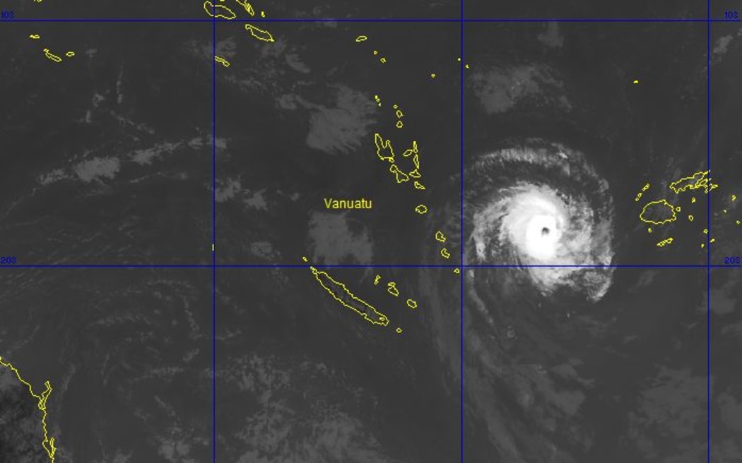 A satellite image of Tropical Cyclone Ula as it nears Vanuatu on Saturday.