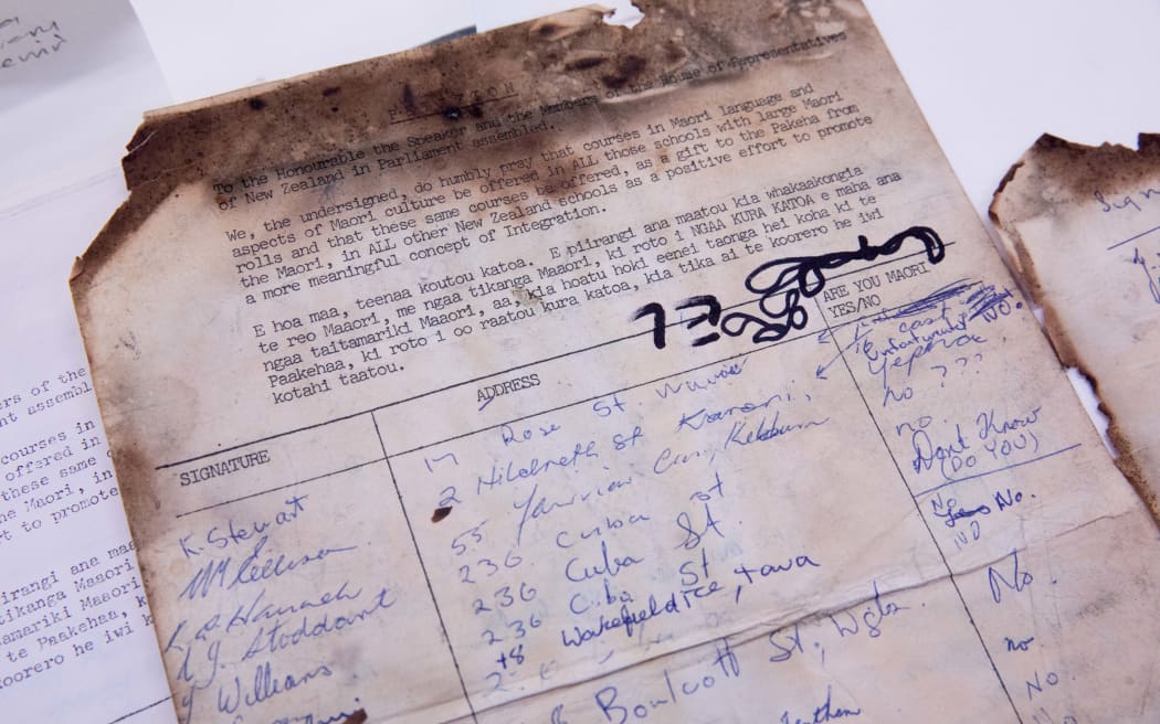 The Māori language petition that was delivered to Parliament in 1972 which asked for recognition of Te Reo Maori. Some pages are burnt after a fire in the Cuba Street building.