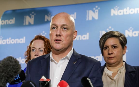 National Party leader Christopher Luxon speaks to media from Rangiora RSA while on the campaign trail on 9 October 2023.