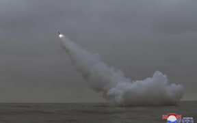 This picture taken on March 12, 2023 in the early morning and released on March 13, 2023 by North Korea's official Korean Central News Agency (KCNA) shows an underwater firing exercise of a strategic cruise missile held in the waters of Gyeongpo Bay. (Photo by KCNA VIA KNS / AFP) / - South Korea OUT / ---EDITORS NOTE--- RESTRICTED TO EDITORIAL USE - MANDATORY CREDIT "AFP PHOTO/KCNA VIA KNS" - NO MARKETING NO ADVERTISING CAMPAIGNS - DISTRIBUTED AS A SERVICE TO CLIENTS
THIS PICTURE WAS MADE AVAILABLE BY A THIRD PARTY. AFP CAN NOT INDEPENDENTLY VERIFY THE AUTHENTICITY, LOCATION, DATE AND CONTENT OF THIS IMAGE. /