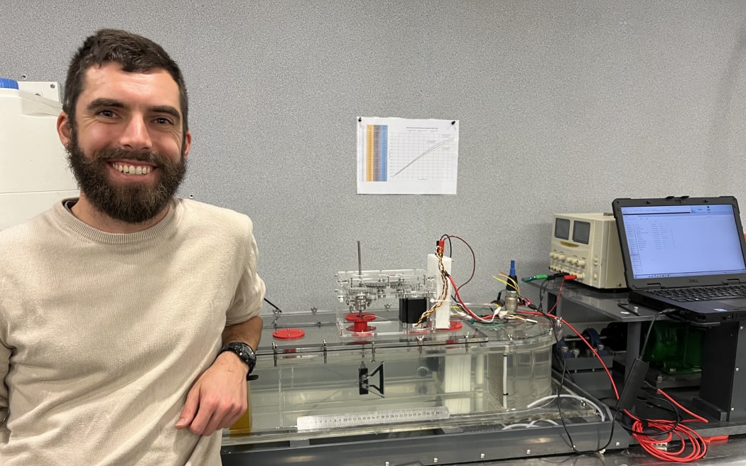 PhD student Arne Bruns from the Auckland Bioengineering Institute's biomimetics lab with his work creating sensing tools for use in fish robots.