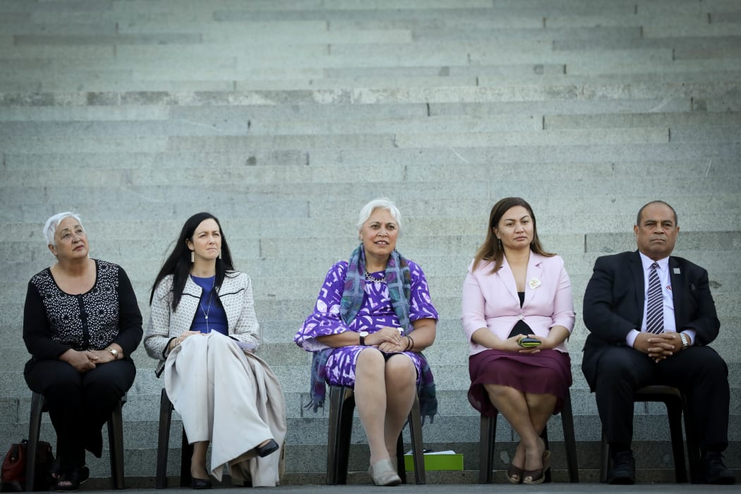 Mausina women's testimony at Parliament to commemorate the 125th anniversary of Women's right to vote in New Zealand. Left to right: Liz Mellish, Jill Day, Luamanuvao Dame Winnie Laban, Marama Davidson, Aupito William Sio.