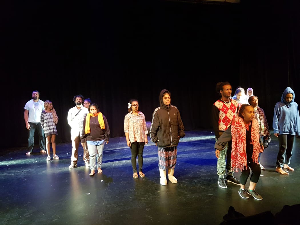 In Transit full cast during rehearsal at the Mangere Arts Centre