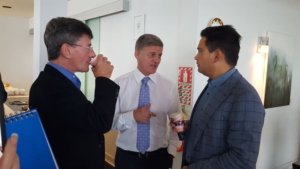 National Party leader Bill English (centre) with MPs Chris Finlayson (left) and Simon Bridges (right).