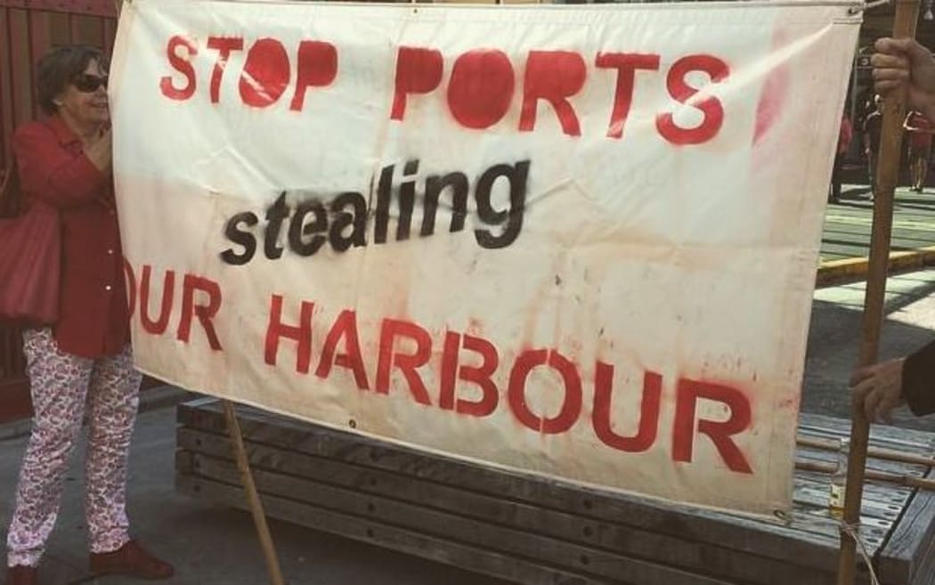 Protesters at Auckland's Queens Wharf yesterday.
