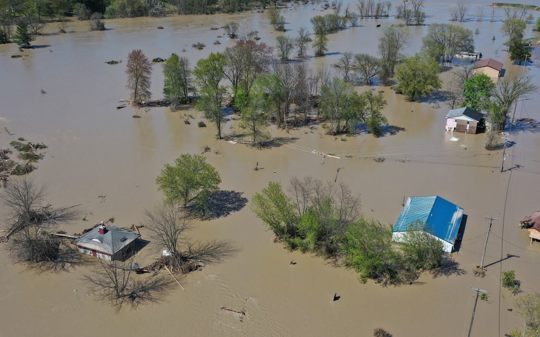 SANFORD, MICHIGAN - MAY 20: Aerial view of the Tittabawassee River after it breached a nearby dam on May 20, 2020 in Sanford, Michigan.