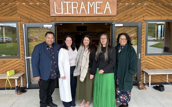From left, Mane Tahere, Jodi Hayward, Moana Tuwhare, Huhana Lyndon and Hinerangi Himiona, at a welcome for Tuwhare at Okorihi Marae, near Kaikohe.