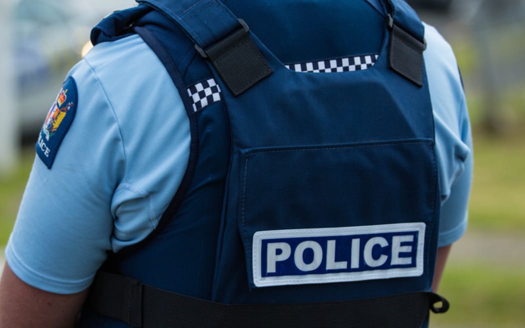 Close up of the back of a police officer wearing a vest.