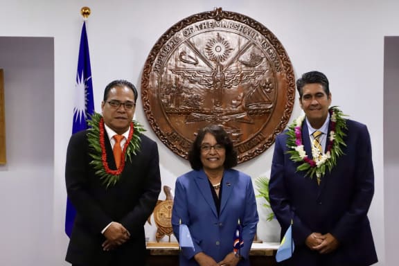 President Hilda Heine, middle, at her inauguration flanked by FSM's President Welsey Simina, left, and Palau's President Surangel Whipps Jr, right.