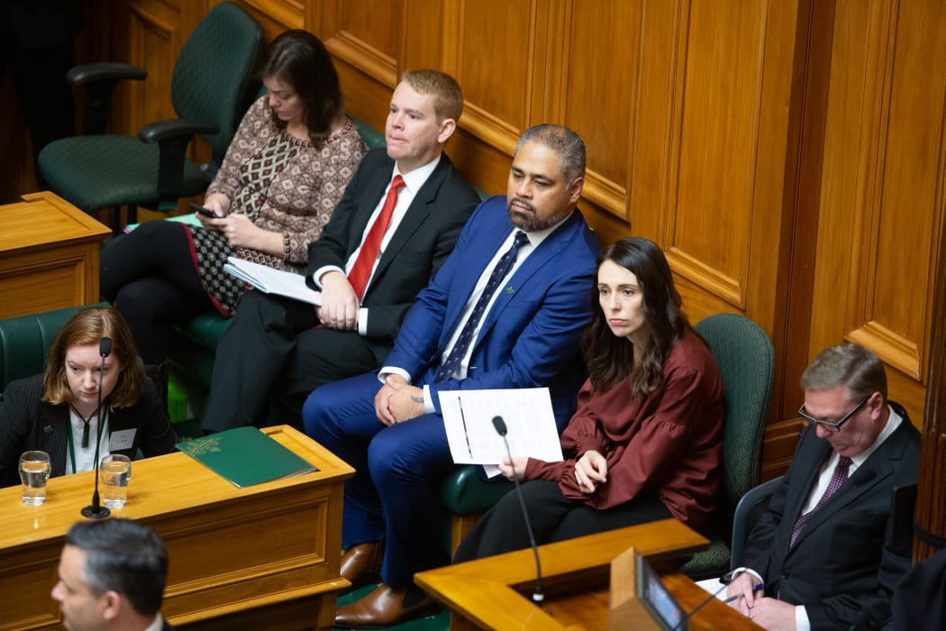 Ministers wait to answer questions from Youth MPs at Youth Parliament 2019. From right to left: Prime Minsiter Jacinda Ardern, Minister for Youth Peeni Henare, Minister of Education Chris Hipkins, and Associate Minister of Women Julie-Anne Genter.